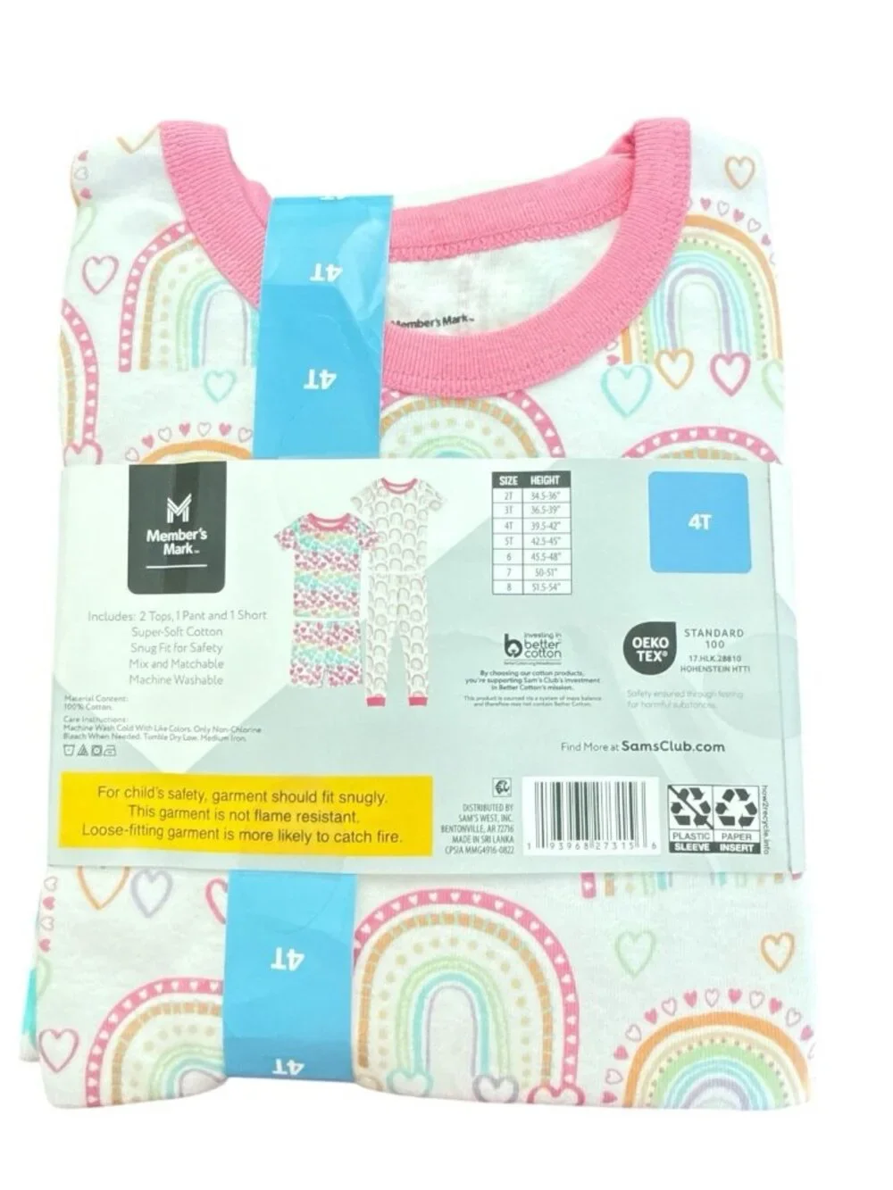 Members Mark 4 Piece Girls Favorite Pajamas-Size 4T-Hearts And Rainbows